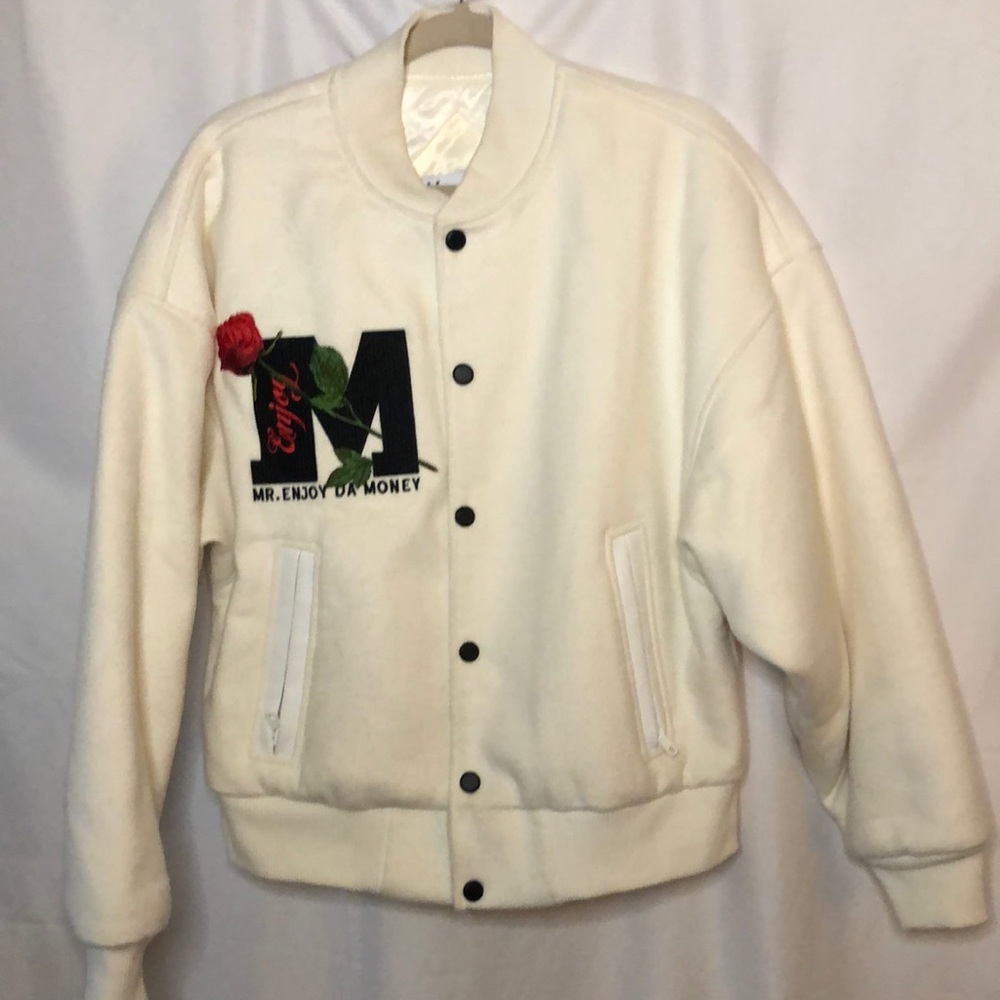MEDM aka MR ENJOY DA MONEY cream colored bomber/varsity jacket. Size M.